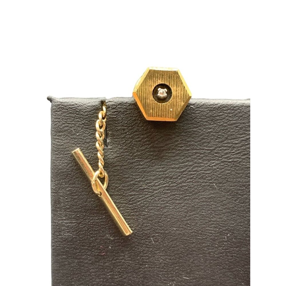 Anson Gold Clad and Diamond Tie Tack Pin Clasps Hexagon Textured